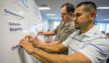 Steve Marcotte, left, and Rodrigo Flores sort through which issues are affected by politics, which by bargaining…and which issues are affected by both.